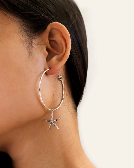 Starfish Silver Hoop Drop Earrings