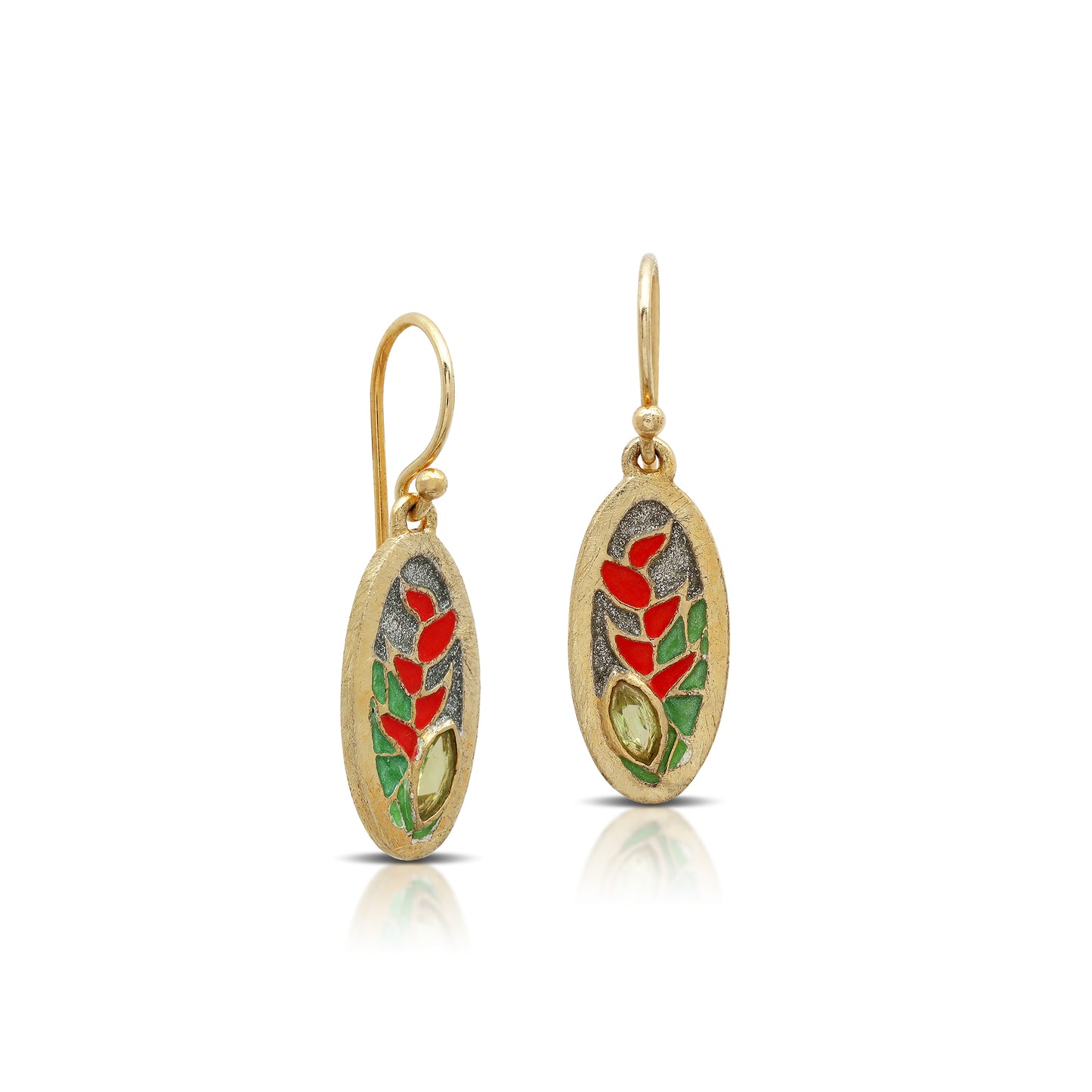 Tropical Heliconia Plant Enamel Earrings 18kt Gold Plate