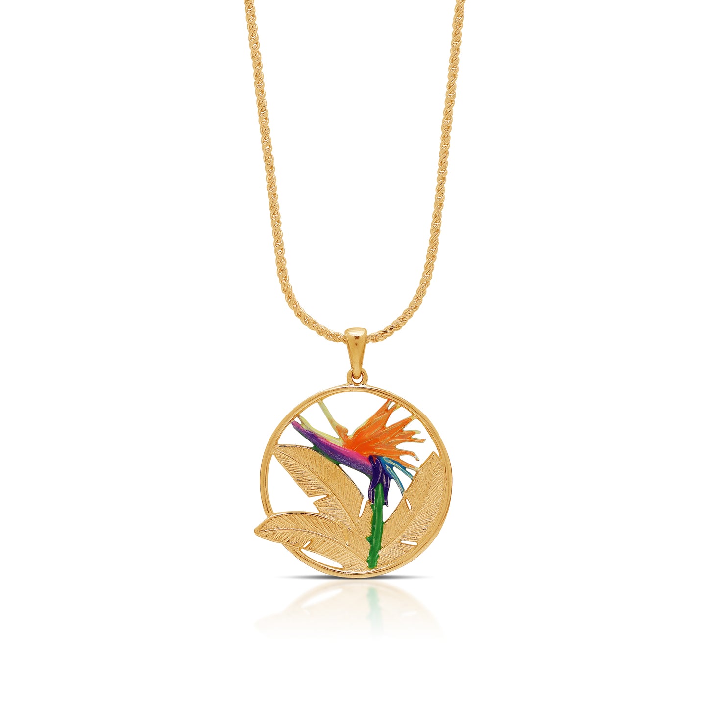 Painted Bird of Paradise Flower Necklace 18K Gold Plated