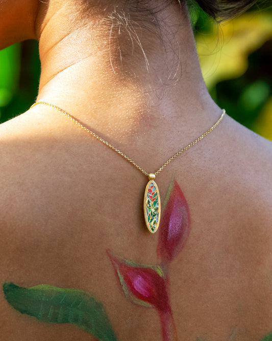 Heliconia Plant Enamel Necklace 18kt Gold Plate