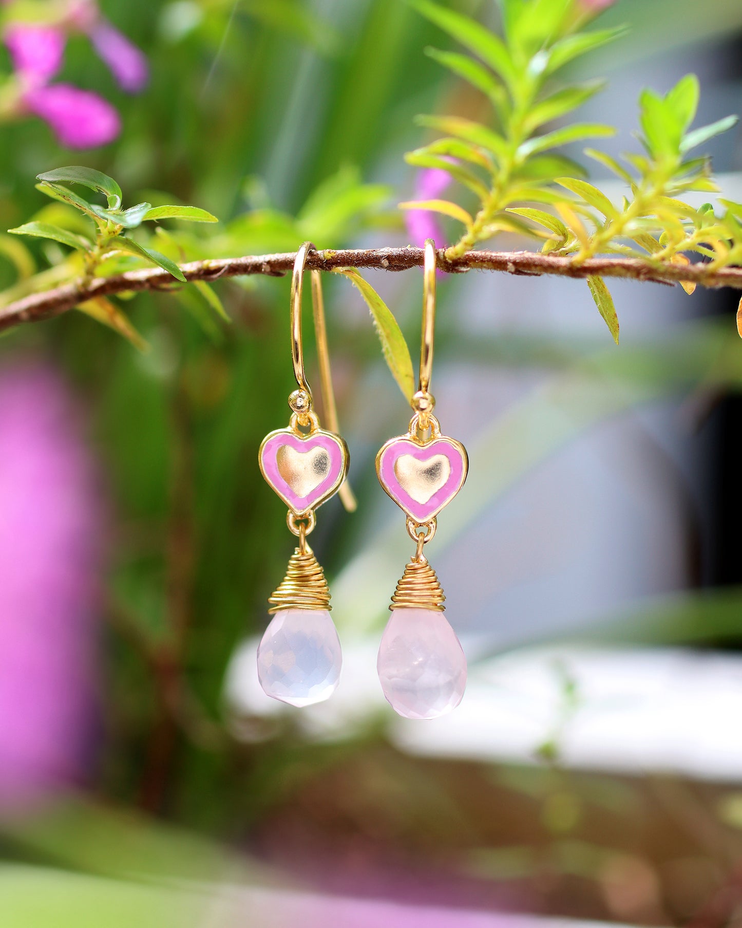 Delicate and Elegant Heart Rose Quartz Earrings
