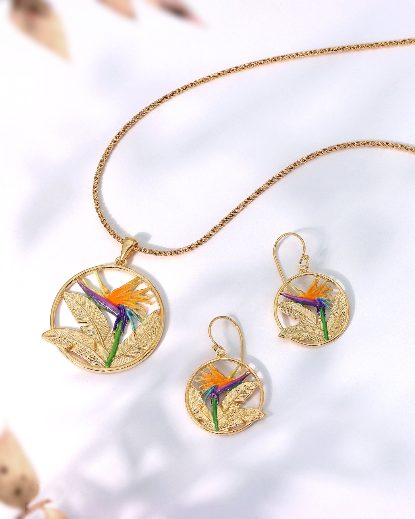 Painted Bird of Paradise Flower Earrings 18K Gold Plated